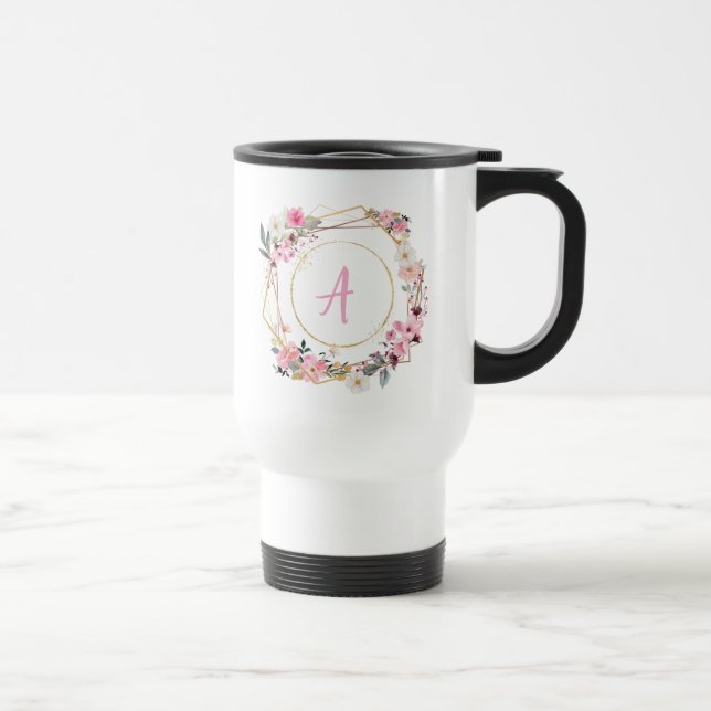 Caneca Térmica Pink Floral Gold Geometric Travel Mug (Direita)