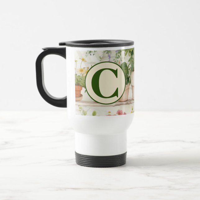 Caneca Térmica Plantas Jardineiras de Flor Branca Monograma de Aq (Esquerda)