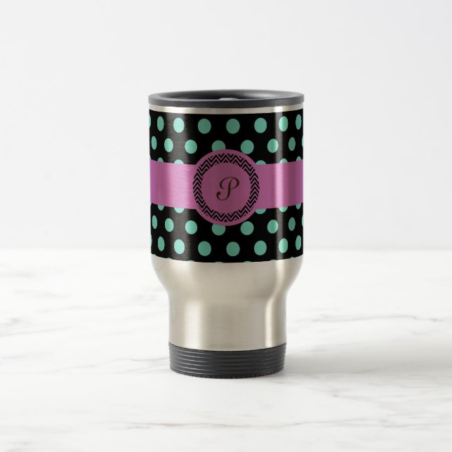 Caneca Térmica Preto verde cor-de-rosa do polkadot do monograma (Centro)