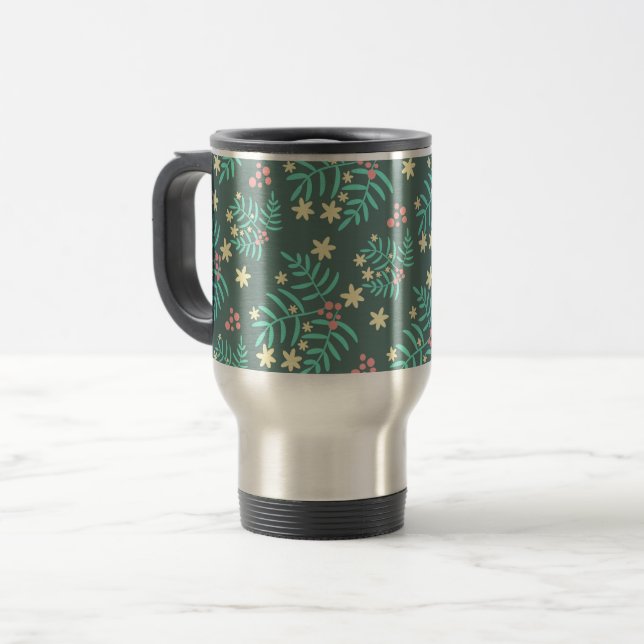 Caneca Térmica Pretty Botanical Leaves and Berries Blue Pattern (Frente Esquerda)