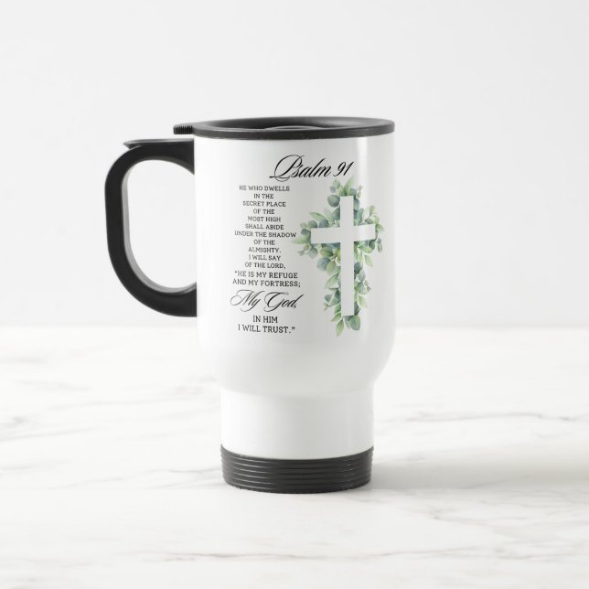 Caneca Térmica Psalm 91:1-2 Religious Cross Greenery Bible Verse (Esquerda)