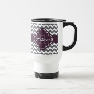 Caneca Térmica Púrpura Monograma Cinza Quatrefoil Padrão de Croqu