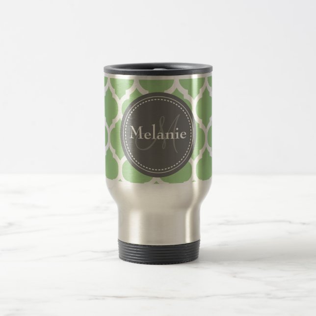 Caneca Térmica Quatrefoil Verde e Cinza Monograma (Centro)