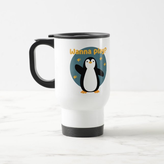 Caneca Térmica Quer jogar Kawaii pinguim engraçado fofo  (Esquerda)