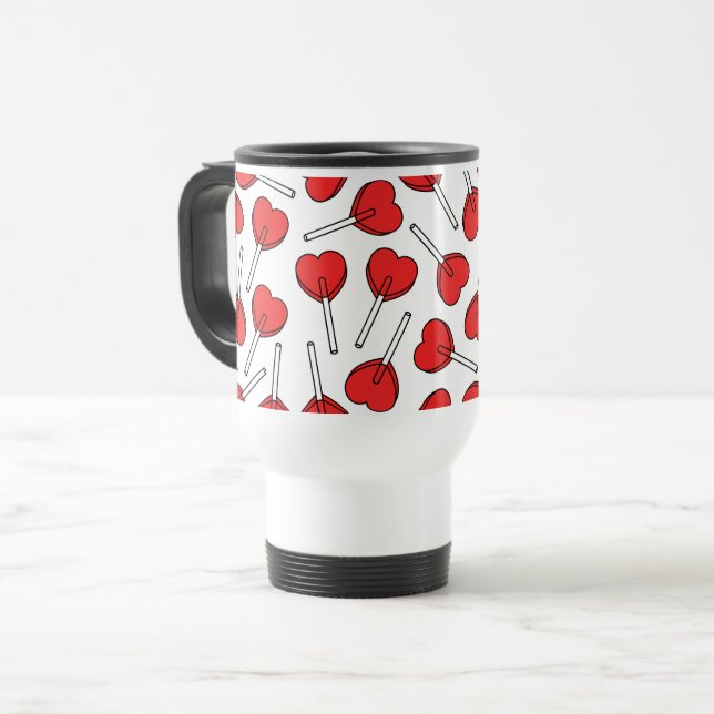 Caneca Térmica Red Lollipops, Heart Lollipops, Lollipop Pattern (Frente Esquerda)