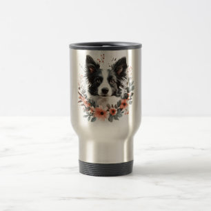 Caneca Térmica Retrato de Border Collie com Moldura Floral