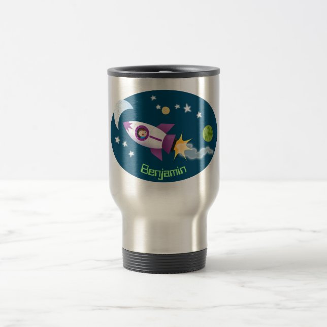 Caneca Térmica Rockets em ilustração de desenhos animados espacia (Centro)