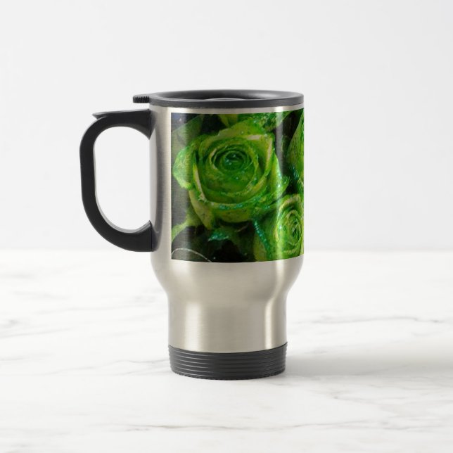 Caneca Térmica Romântica Namorados Verde Rosas Luminosas (Esquerda)