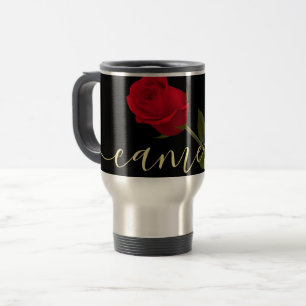 Caneca Térmica Rosa vermelha A Preto E Monograma Dourado