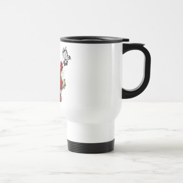 Caneca Térmica Rosa vermelha com borboleta e pássaro (Direita)