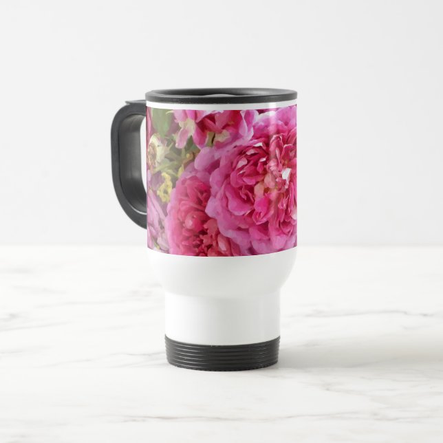 Caneca Térmica Rosas de Aquarela Rosa (Frente Esquerda)