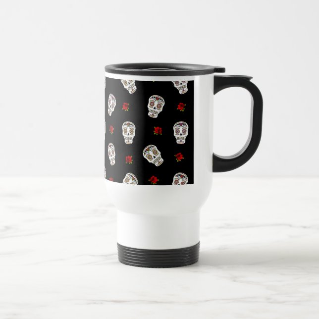 Caneca Térmica ROSAS de crânios de açúcar rocháveis RAB em preto (Direita)