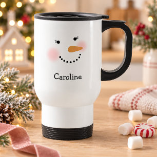 Caneca Térmica Rosto de Boneco de Neve Fofo Natal Nome Personaliz