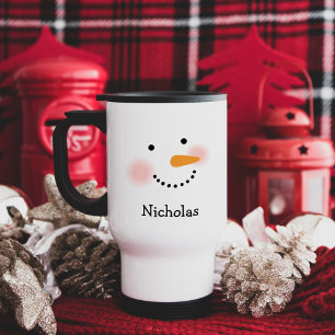 Caneca Térmica Rosto de Boneco de Neve Fofo Nome Personalizado Na