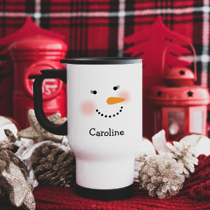 Caneca Térmica Rosto Feliz de Boneco de Neve Cílios Nome Viagem