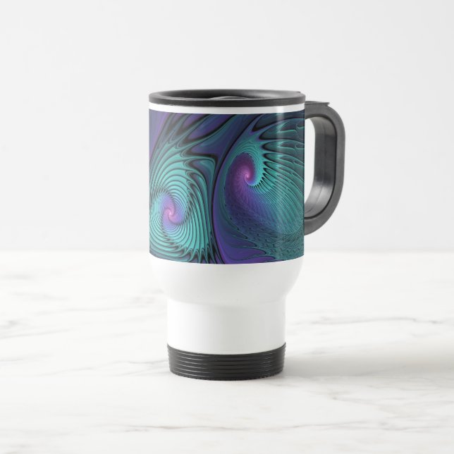 Caneca Térmica Roxo encontra Arte Fractal abstrato Turquesa moder (Frente Esquerda)