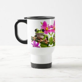 Caneca Térmica Sapo Verde Adorável Cercado por Flores Rosa