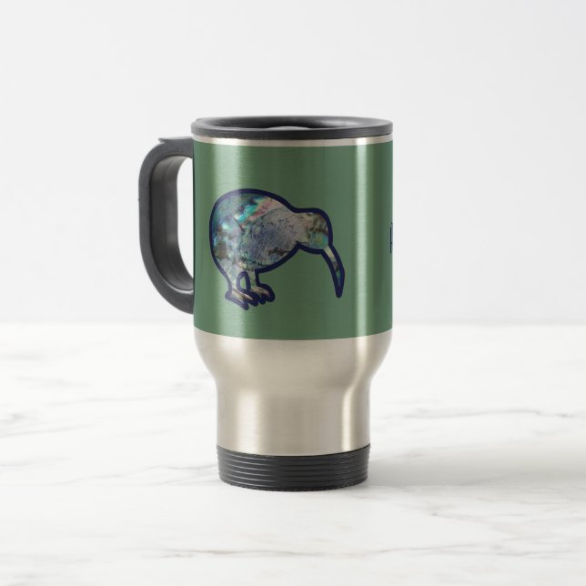 Caneca Térmica Shiny Pāua Kiwi Bird em Pale Green, com nome (Frente Esquerda)