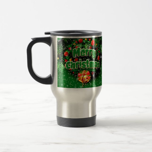 Caneca Térmica Sinos Dourados de Natal Feliz Verde (Esquerda)
