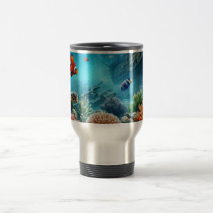 Caneca Térmica Sob o mar, tartaruga, coral, navio, palhaço