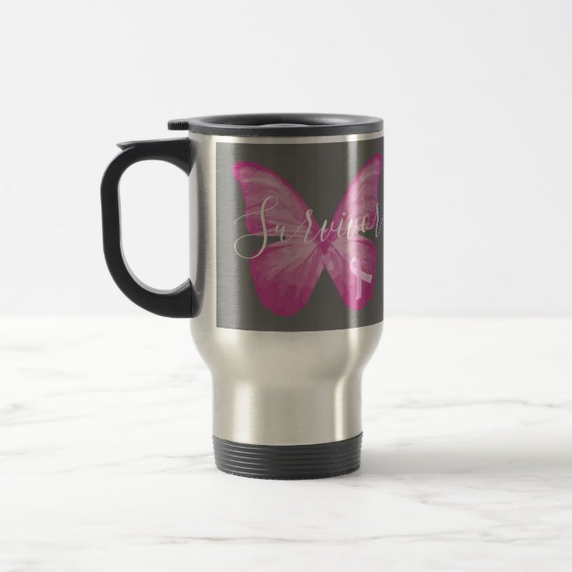 Caneca Térmica Sobrevivência do Câncer da Mama da Borboleta Rosa (Esquerda)