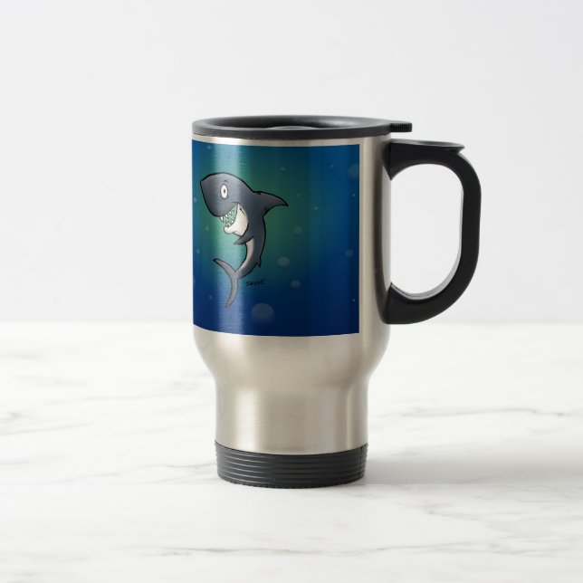 Caneca Térmica Sorrindo Tubarão Engraçado em Fundo Azul (Direita)