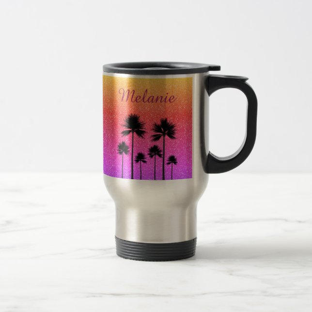 Caneca Térmica Sparkly Palm Trees Gradient Sunset Personalised (Direita)