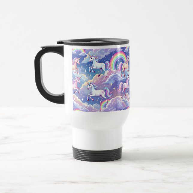Caneca Térmica Sparkly rainbow and unicorns on clouds (Esquerda)