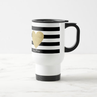 Caneca Térmica Stripes Pretas e Brancas com Coração de Folha Ouro