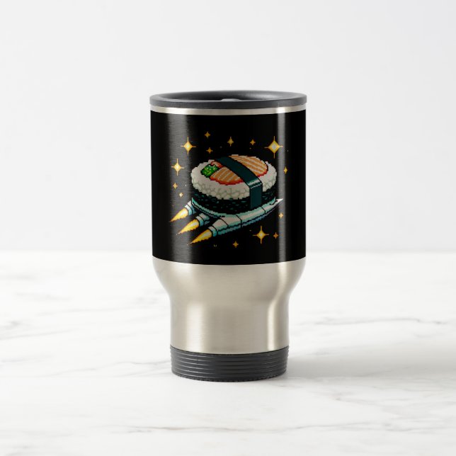 Caneca Térmica Sushi Spaceship Pixel Art Voando Sushi Roll Design (Centro)
