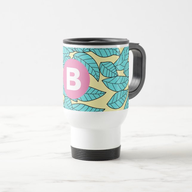 Caneca Térmica Teal Leaves Botanical Pattern Bright Pink Monogram (Frente Esquerda)