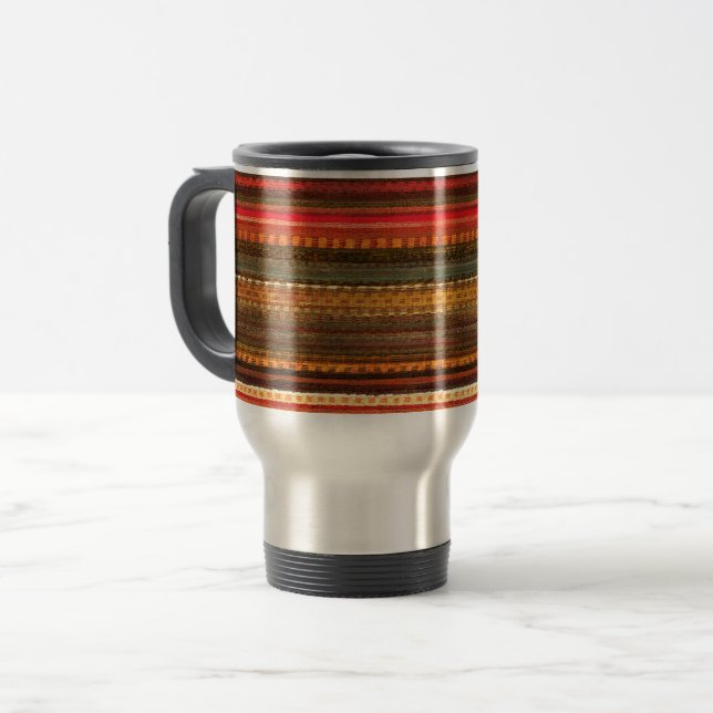 Caneca Térmica Tecido de Material Listras Vermelho Laranja e Verd (Frente Esquerda)