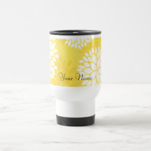 Caneca Térmica Teste padrão floral branco amarelo do monograma