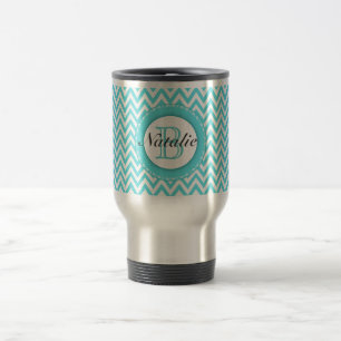 Caneca Térmica Teste padrão Monogrammed floral de Chevron do azu
