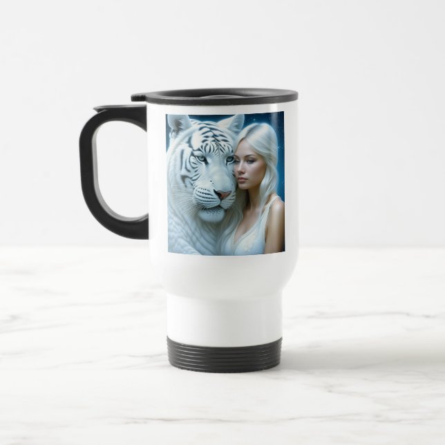 Caneca Térmica Tigre branco místico e linda mulher (Esquerda)