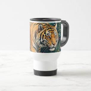 Caneca Térmica Tigre com Olhos Âmbar Folhagem da Selva Fantasia