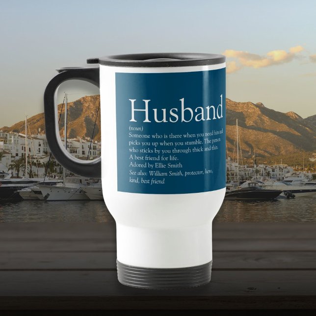 Caneca Térmica Tipografia Azul Moderna Definição De Marido (Husband Definition Modern Blue Typographic Travel Mug)