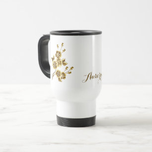 Caneca Térmica Tipografia Floral Brilhante em Ouro de Luxo
