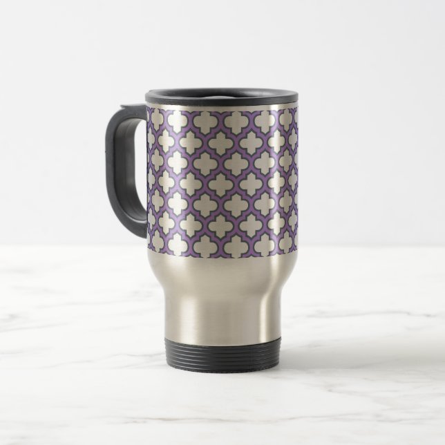 Caneca Térmica Trellis branca e roxa, lete, quatrefoil (Frente Esquerda)