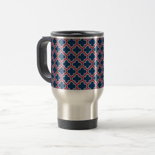 Caneca Térmica Trellis, Latice, Quatrefoil, azul e vermelho marro (Frente Esquerda)
