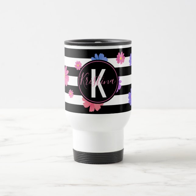 Caneca Térmica Trendy Floral Black & White Stripes Personalizadas (Centro)