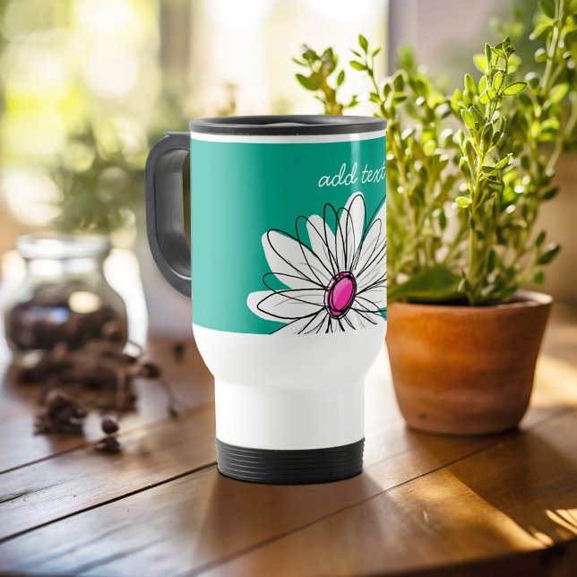 Caneca Térmica Trendy Floral Daisy Illustration - Rosa e Verde (Personalized travel mug - add photos and text or customize completely)