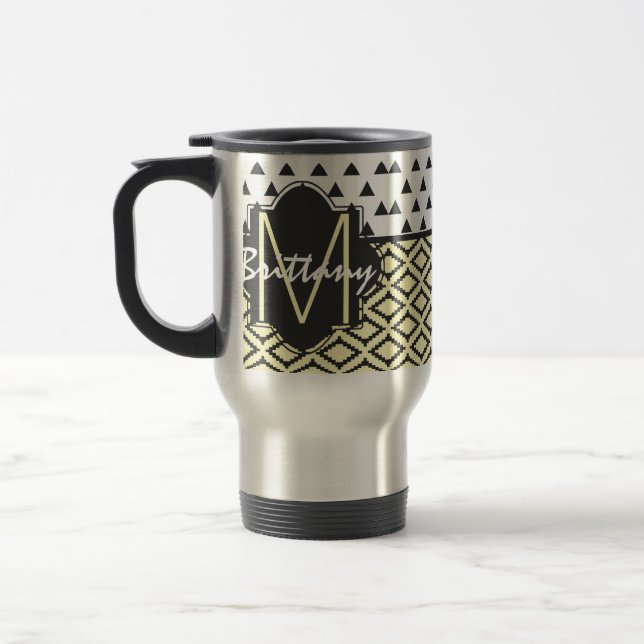 Caneca Térmica Triângulos pretos, amarelos, & brancos & monograma (Esquerda)