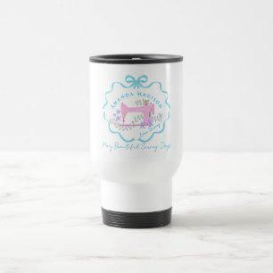 Caneca Térmica Tumbler Isolado Azul e Branco com Costura de Fita