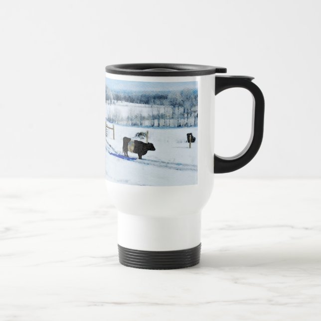 Caneca Térmica Vaca Galloway Cinzenta Abaixo de Neve na Aquarela  (Direita)