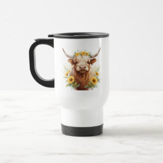 Caneca Térmica Vaca Highland com Flor Amarelo de Girassol