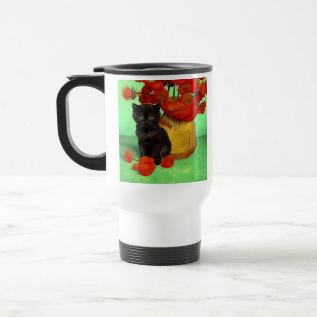 Caneca Térmica Van Gogh Black Kitten Red Flowers (Esquerda)
