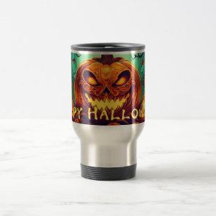Caneca Térmica Velas de Abóbora Dentada Brilham Arte de Halloween