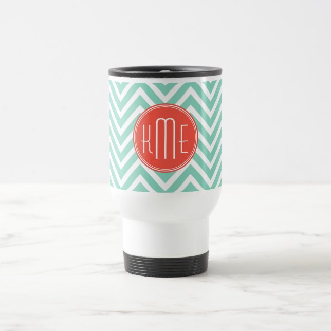 Caneca Térmica Verde chique Chevron do Aqua e monograma feito sob (Centro)