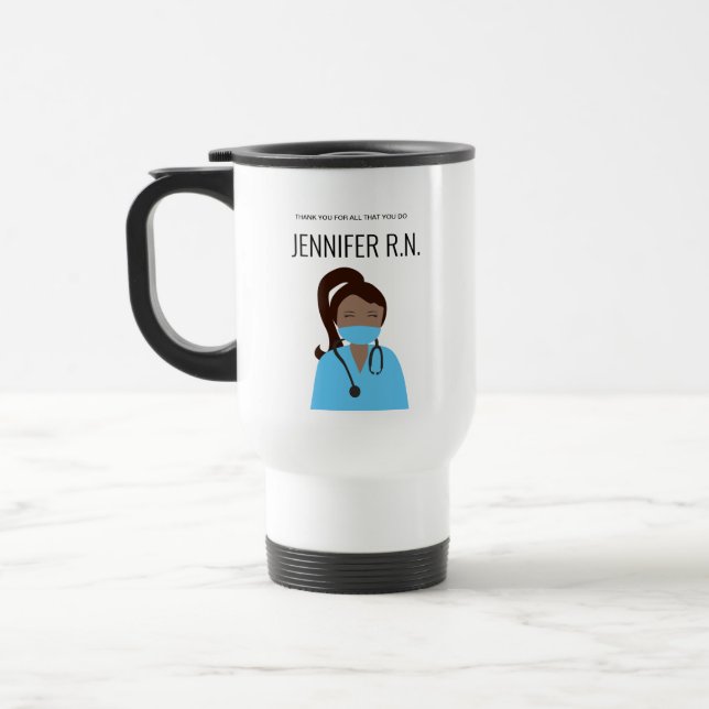 Caneca Térmica Viagem de Enfermeira: Brunette Nurse Trave Persona (Esquerda)